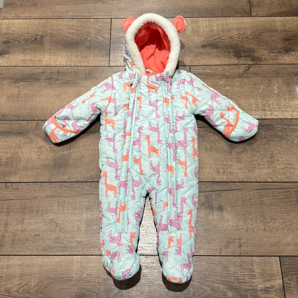 Baby Girl Bunting Hooded Snowsuit Foldover Mittens Giraffe: Size 6/9 Months